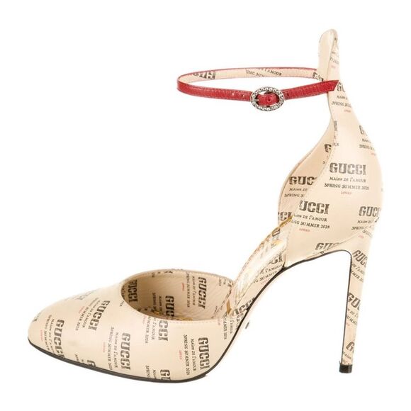 Gucci Apollo Gucci Stamp Print Beige Leather Logo Ankle Strap Pumps EU37.5 US7.5 - Picture 1 of 12